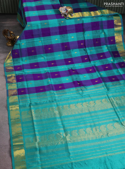 Silk cotton saree violet and teal green with allover paalum pazhamum checks pattern & temple zari buttas and zari woven paisley border