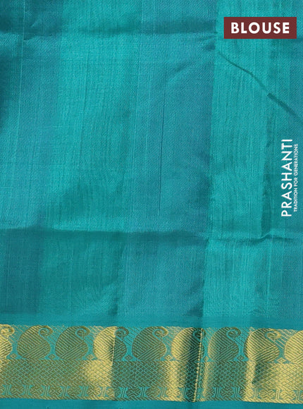 Silk cotton saree violet and teal green with allover paalum pazhamum checks pattern & temple zari buttas and zari woven paisley border