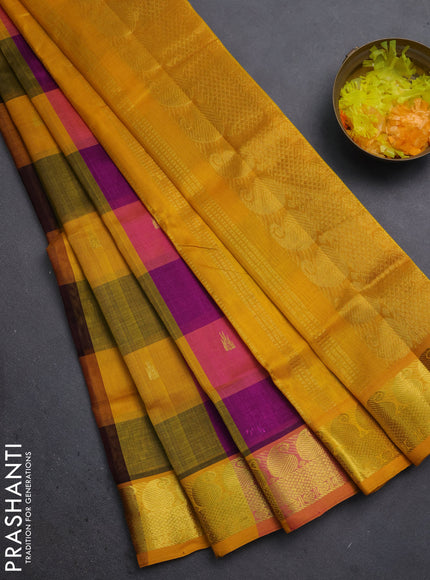 Silk cotton saree multi colour and mustard yellow with allover paalum pazhamum checks pattern & temple zari buttas and zari woven paisley border
