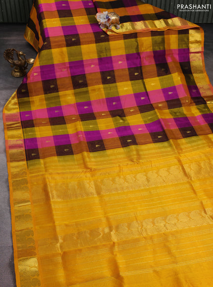 Silk cotton saree multi colour and mustard yellow with allover paalum pazhamum checks pattern & temple zari buttas and zari woven paisley border