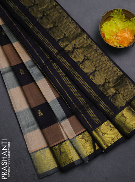 Silk cotton saree multi colour and black with allover paalum pazhamum checks pattern & temple zari buttas and zari woven border