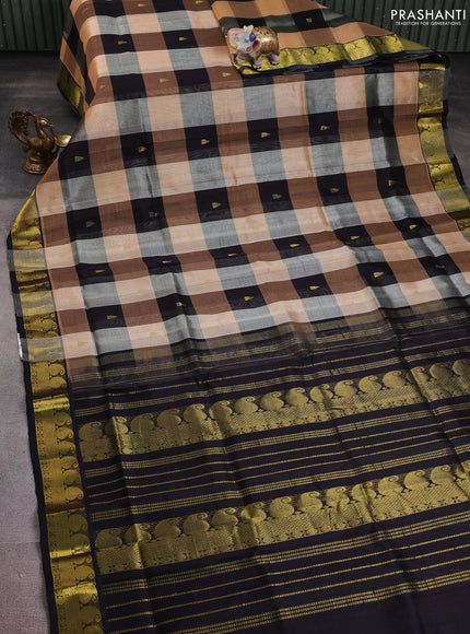 Silk cotton saree multi colour and black with allover paalum pazhamum checks pattern & temple zari buttas and zari woven border