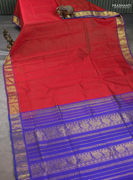Silk cotton saree maroon and blue with allover vairosi pattern and annam & paisley zari woven buttas