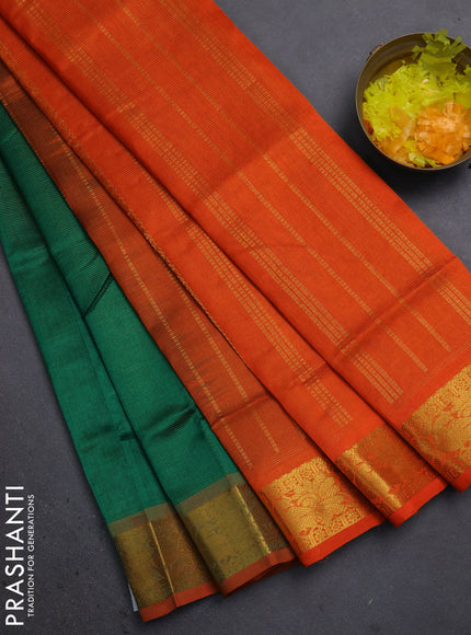 Silk cotton saree green and orange with allover vairosi pattern and annam & paisley zari woven buttas