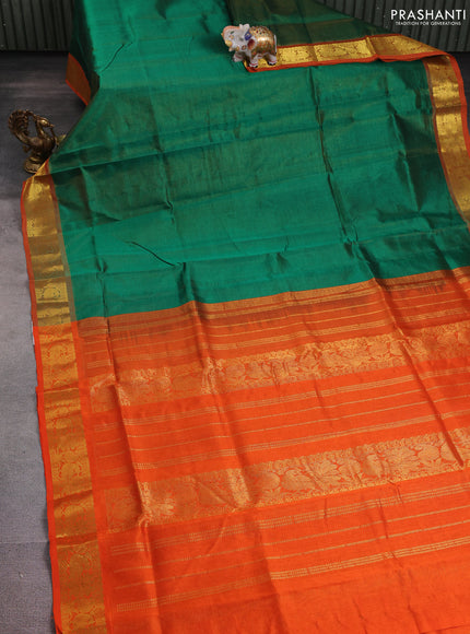 Silk cotton saree green and orange with allover vairosi pattern and annam & paisley zari woven buttas