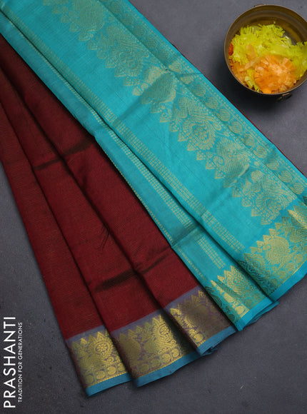 Silk cotton saree maroon and teal blue with allover vairosi pattern and zari woven border