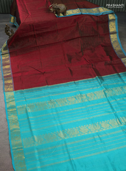 Silk cotton saree maroon and teal blue with allover vairosi pattern and zari woven border