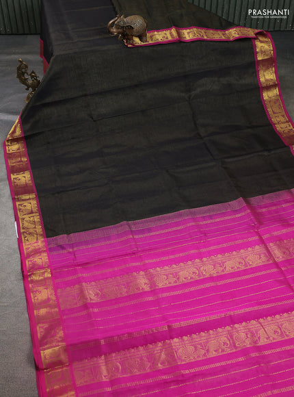 Silk cotton saree black and magenta pink with allover vairosi pattern and annam & elephant zari woven border