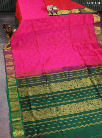 Silk cotton saree dual shade of pinkish orange and green with allover self emboss jacquard and zari woven border