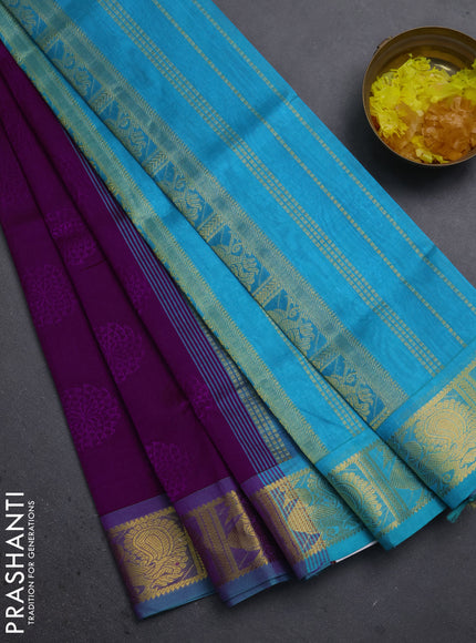 Silk cotton saree purple and teal blue with allover self emboss jacquard and annam zari woven border