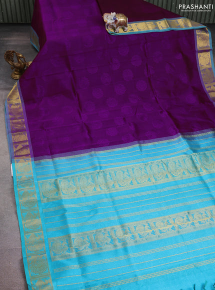 Silk cotton saree purple and teal blue with allover self emboss jacquard and annam zari woven border