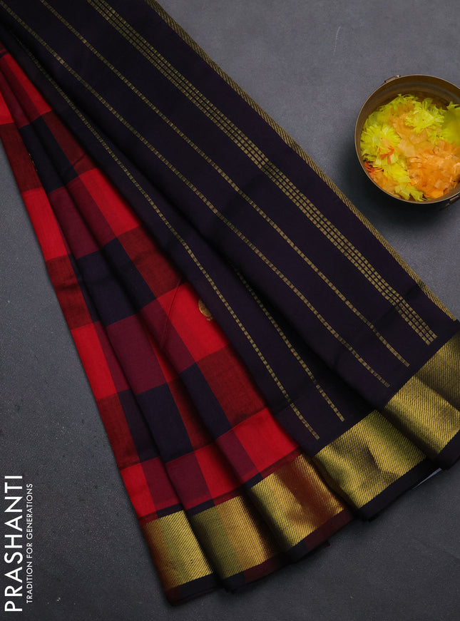 Silk cotton saree red and black with allover paalum pazhamum checked pattern & paisley zari woven buttas and zari woven border