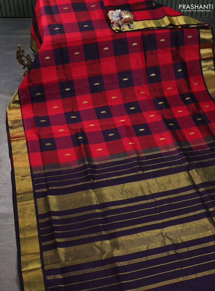 Silk cotton saree red and black with allover paalum pazhamum checked pattern & paisley zari woven buttas and zari woven border