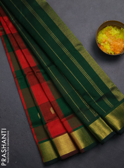 Silk cotton saree red and green with allover paalum pazhamum checked pattern & paisley zari woven buttas and zari woven border