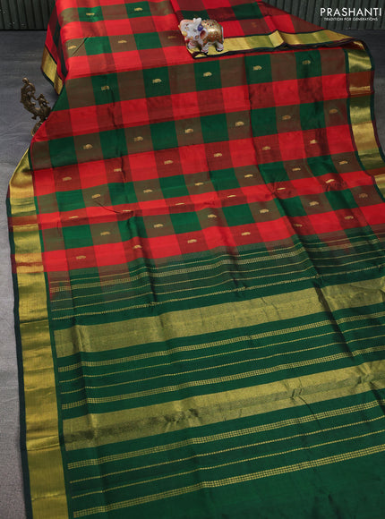 Silk cotton saree red and green with allover paalum pazhamum checked pattern & paisley zari woven buttas and zari woven border