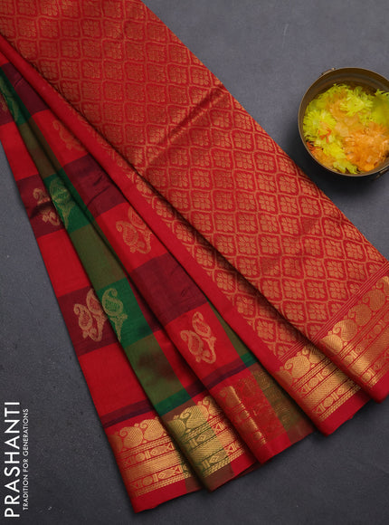 Silk cotton saree multi colour and red with allover paalum pazhamum checked pattern & paisley zari woven buttas and zari woven border