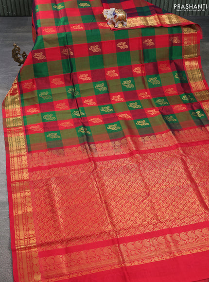 Silk cotton saree multi colour and red with allover paalum pazhamum checked pattern & paisley zari woven buttas and zari woven border