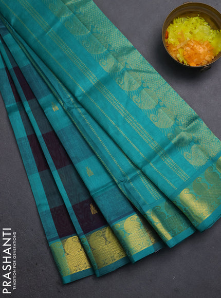 Silk cotton saree deep jamun and teal green with allover paalum pazhamum checked pattern & temple zari woven buttas and zari woven border