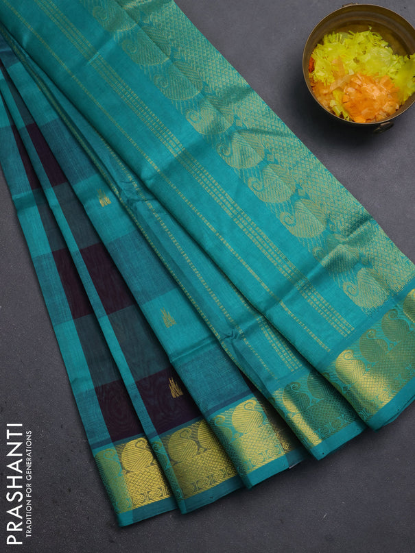 Silk cotton saree deep jamun and teal green with allover paalum pazhamum checked pattern & temple zari woven buttas and zari woven border