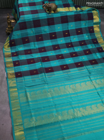 Silk cotton saree deep jamun and teal green with allover paalum pazhamum checked pattern & temple zari woven buttas and zari woven border
