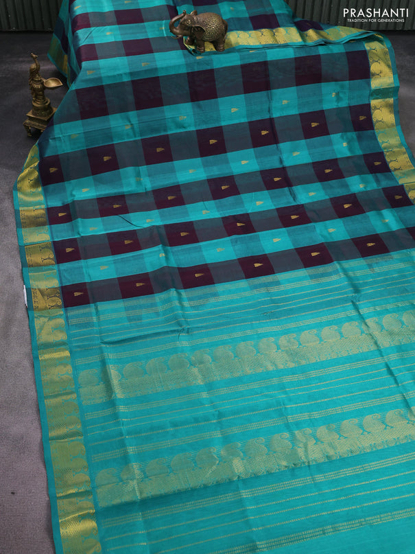 Silk cotton saree deep jamun and teal green with allover paalum pazhamum checked pattern & temple zari woven buttas and zari woven border