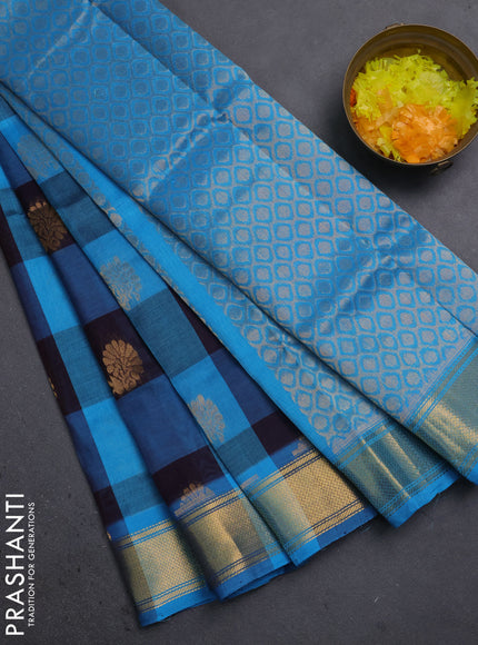 silk cotton saree navy blue and teal blue with allover paalum pazhamum checked pattern & floral zari woven buttas and zari woven border