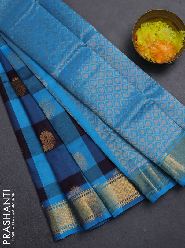 silk cotton saree navy blue and teal blue with allover paalum pazhamum checked pattern & floral zari woven buttas and zari woven border