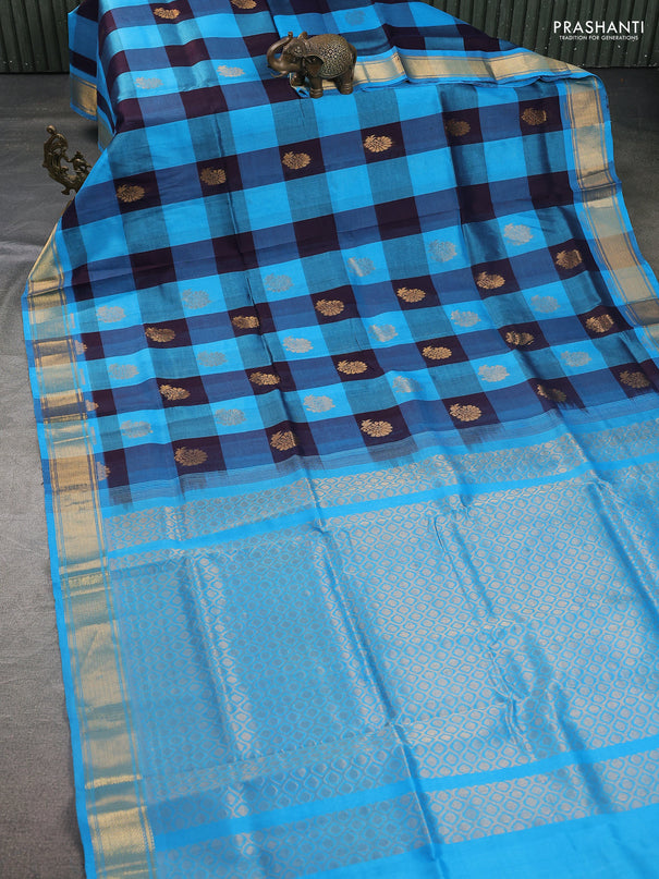 silk cotton saree navy blue and teal blue with allover paalum pazhamum checked pattern & floral zari woven buttas and zari woven border