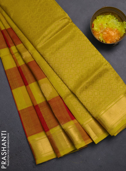silk cotton saree red and lime green with allover paalum pazhamum checked pattern & floral zari woven buttas and zari woven border