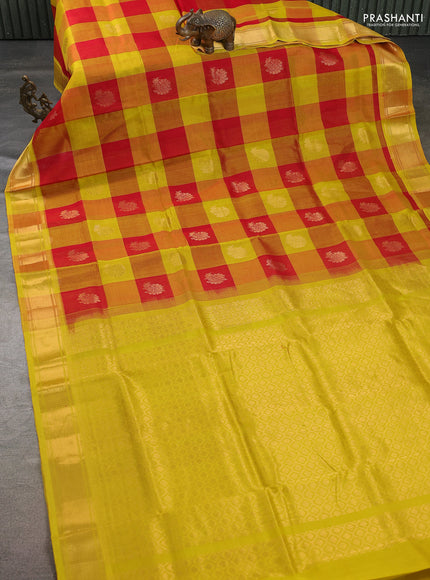 silk cotton saree red and lime green with allover paalum pazhamum checked pattern & floral zari woven buttas and zari woven border