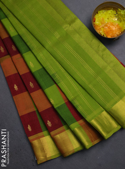 silk cotton saree multi colour and light green with allover paalum pazhamum checks pattern zari buttas and zari woven border