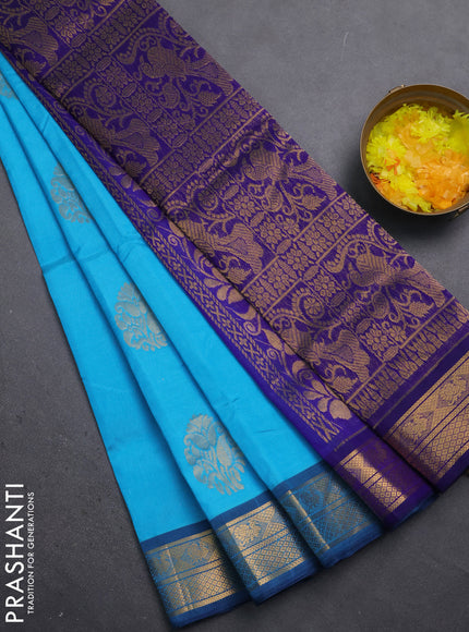 silk cotton saree teal blue and blue with zari woven buttas and zari woven border