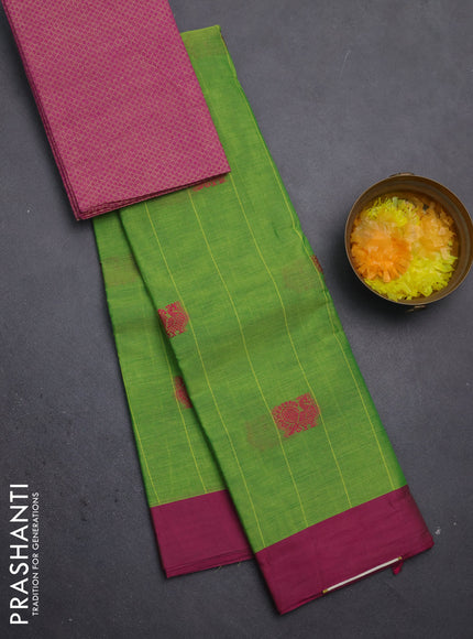 Chettinad cotton saree light green and pink with allover stripe pattern and simple border