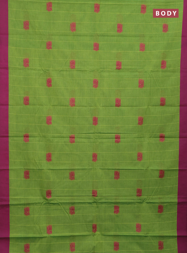 Chettinad cotton saree light green and pink with allover stripe pattern and simple border