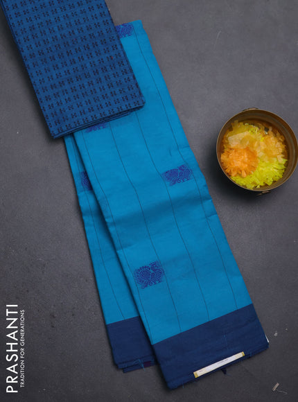 Chettinad cotton saree teal blue and navy blue with allover stripe pattern and simple border