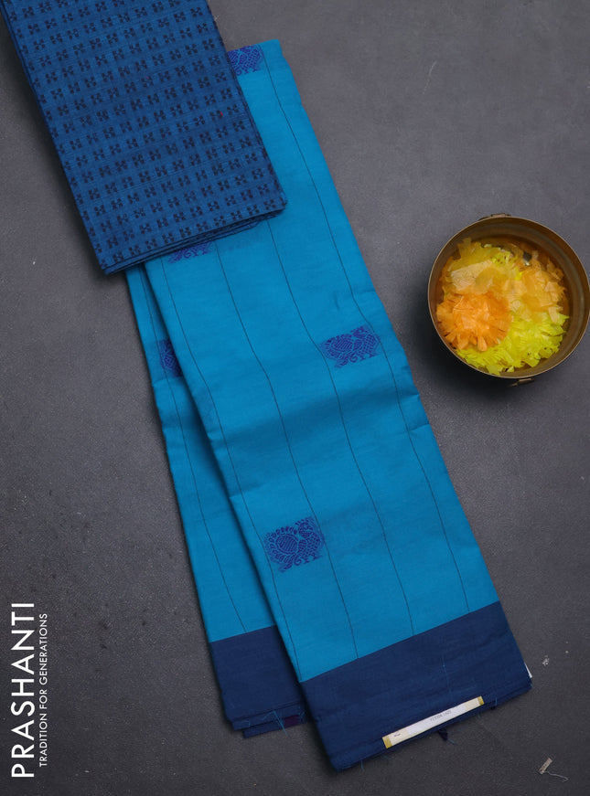 Chettinad cotton saree teal blue and navy blue with allover stripe pattern and simple border