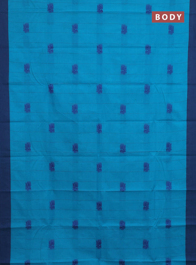 Chettinad cotton saree teal blue and navy blue with allover stripe pattern and simple border