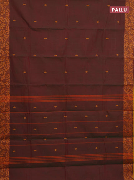 Chettinad cotton saree dual shade of greenish maroon and dark mustard and thread woven buttas and thread woven border