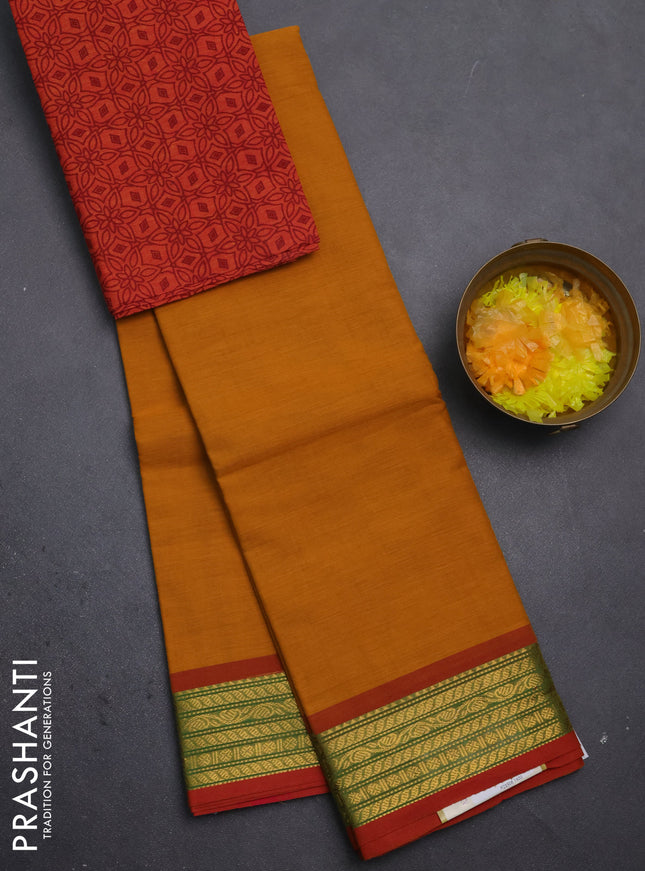 Chettinad cotton saree dark mustard and rustic orange with plain body and zari woven border