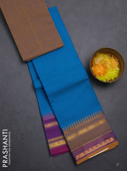 Chettinad cotton saree cs blue and dark mustard with plain body and ganga jamuna border