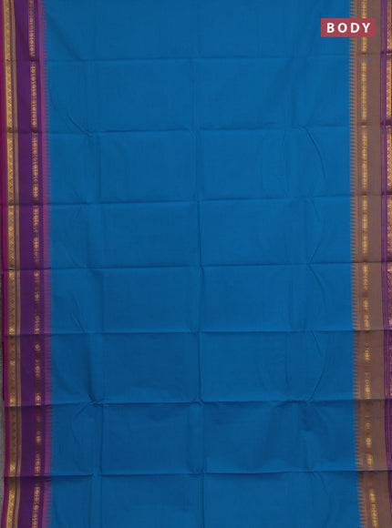 Chettinad cotton saree cs blue and dark mustard with plain body and ganga jamuna border