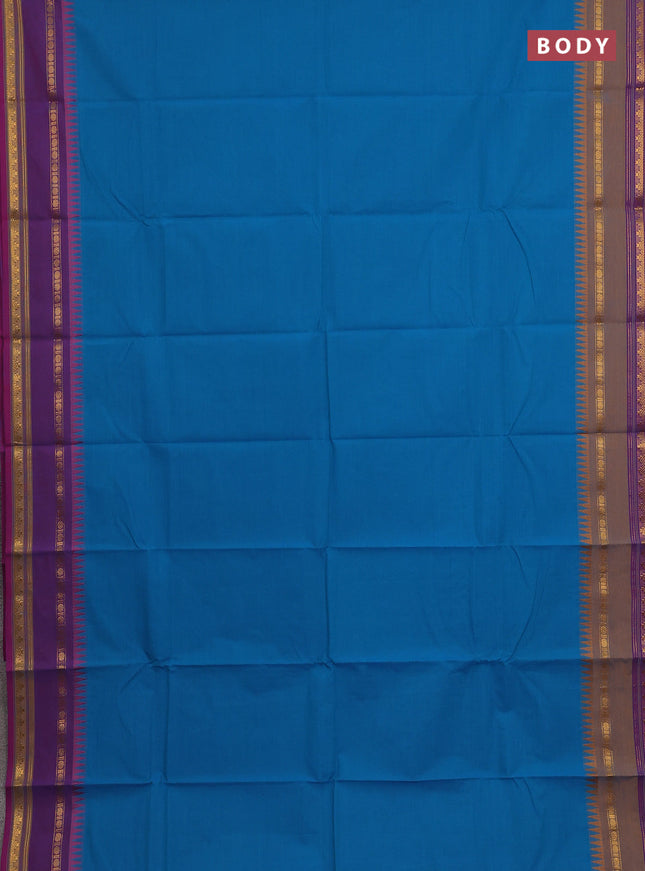Chettinad cotton saree cs blue and dark mustard with plain body and ganga jamuna border