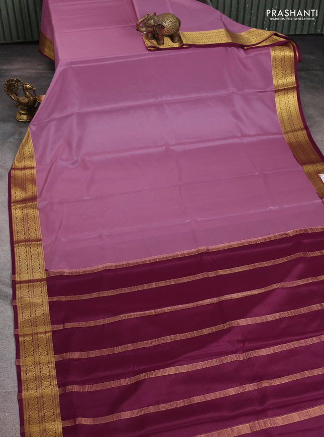 Pure mysore silk saree pastel pink and purple with plain body and zari woven border