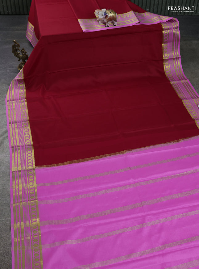Pure mysore silk saree red and light pink with plain body and zari woven border
