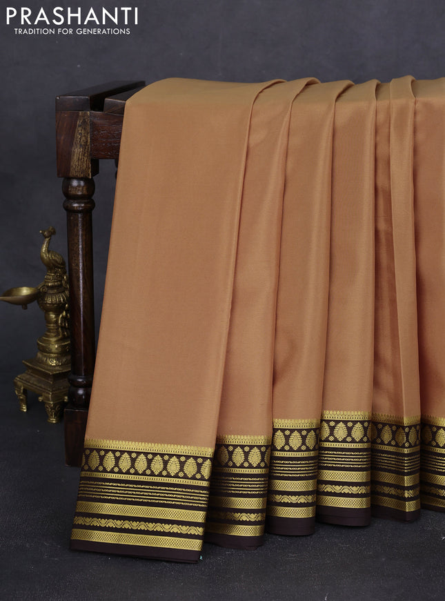 Pure mysore silk saree sandal and deep jamun with plain body and zari woven border