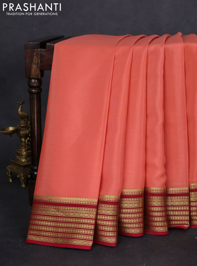 Pure mysore silk saree peach and maroon with plain body and paisley zari woven border