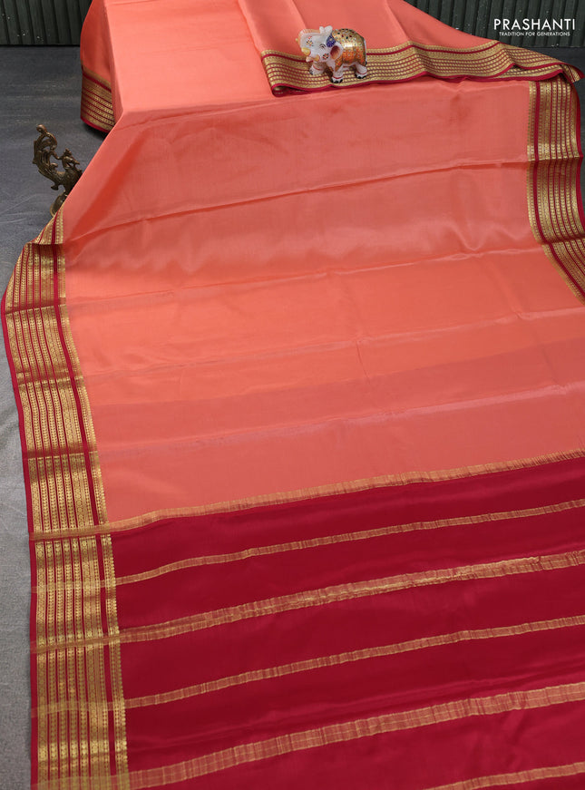 Pure mysore silk saree peach and maroon with plain body and paisley zari woven border