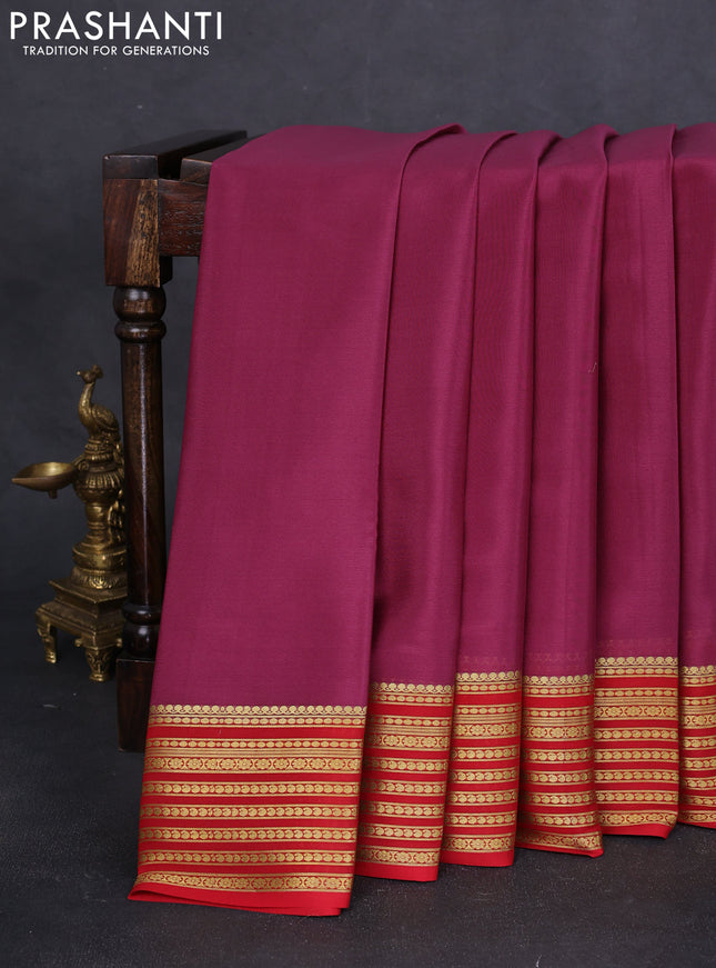 Pure mysore silk saree mavue pink and red with plain body and paisley zari woven border