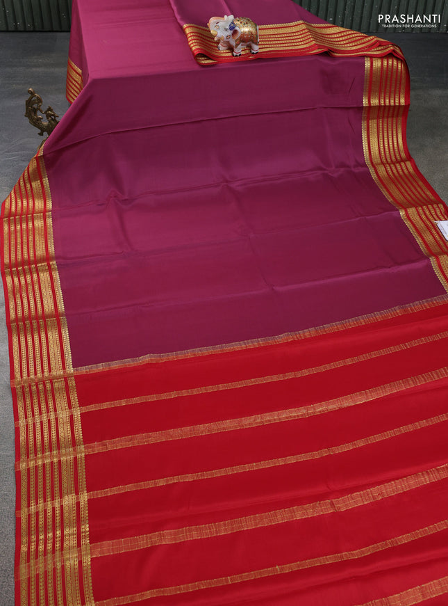 Pure mysore silk saree mavue pink and red with plain body and paisley zari woven border