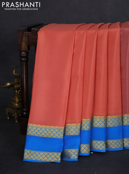 Pure mysore silk saree peach shade and cs blue with plain body and rettapet zari woven border